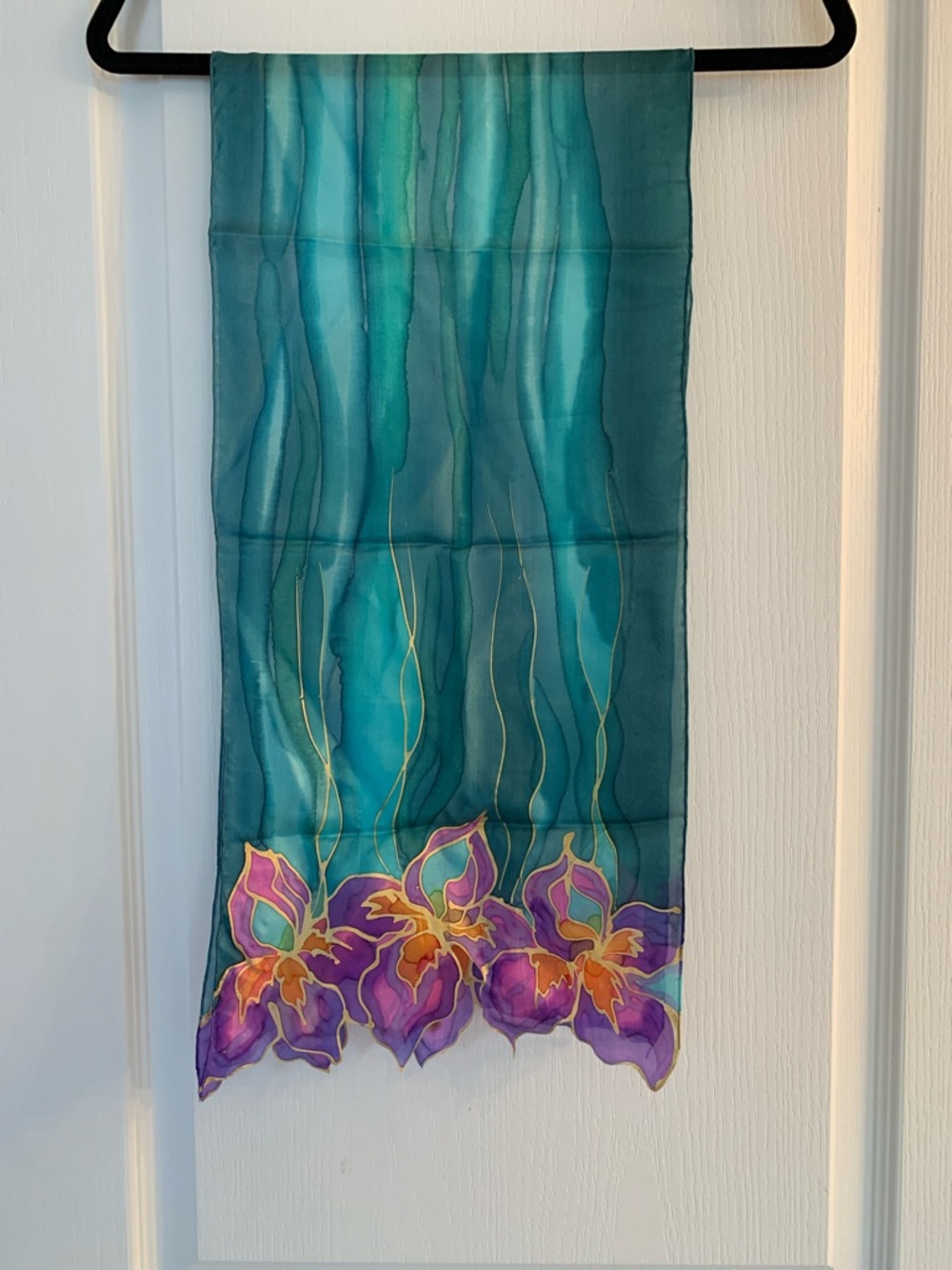 Hand-Painted & Signed Silk Scarf in Teal with Purple Floral Border - Picture 2 of 5